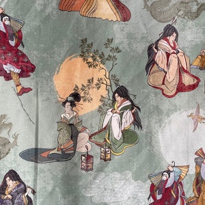 Samurai Japanese Motifs Geisha Ladies Fabric Sold by Panel L140xW100cm Pale Green