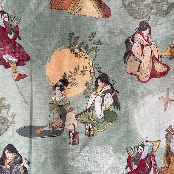 Samurai Japanische Motive Geisha Damen Stoff Verkauft von Panel L140xW100cm Hellgrün