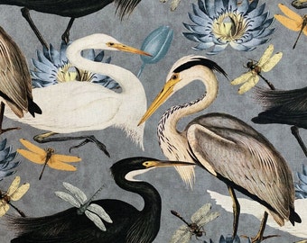 Herons Birds Dragonfly Lotus Tulips Romantic Home Decor Japanese Design Grey Blue Yellow Art Cotton Fabric by Metre