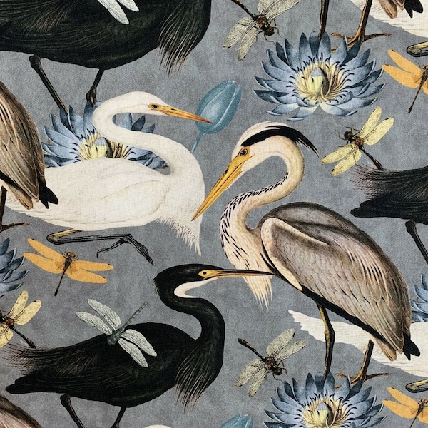 Herons Birds Dragonfly Lotus Tulips Romantic Home Decor Japanese Design Grey Blue Yellow Art Cotton Fabric by Metre