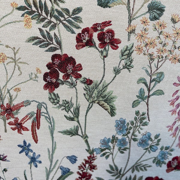 Meadow Luxury Woven Floral Fabric Sold by Meter Yard Wild Flowers Print Upholstery Sewing Material Beige Tapestry Textile Red Flower Print