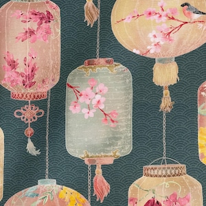 May include: A repeating pattern of colorful, ornate lanterns against a dark teal background. The lanterns feature floral designs, tassels, and intricate details. Some lanterns have pink cherry blossoms and others have a bird perched on a branch.