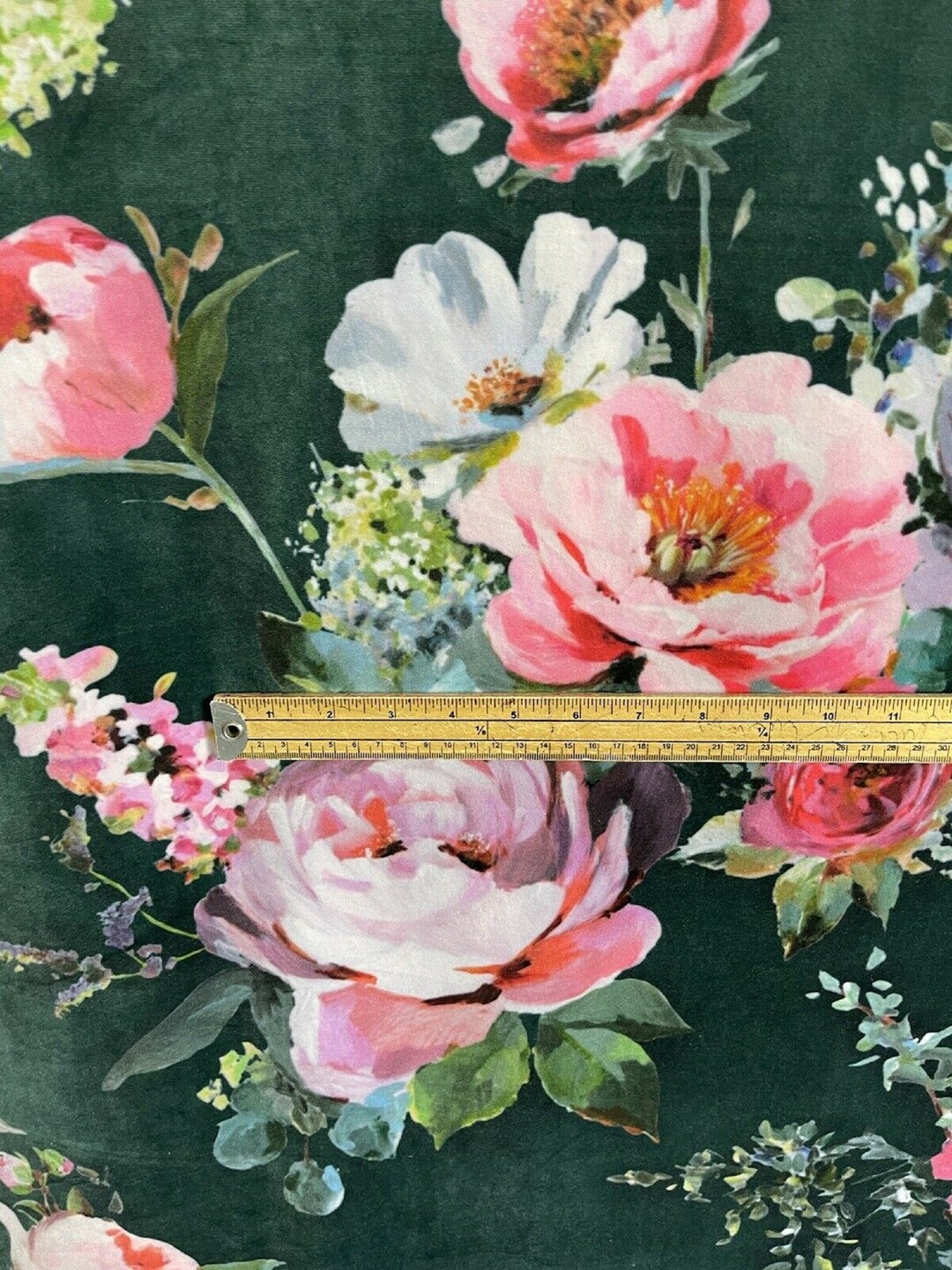 Pink Roses Fabic Pink Roses Velvet Fabric: Green Floral Print, Romantic Spring Garden ...