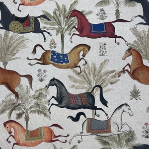 Galloping Arabian Horses Grey Cotton Linen Look Fabric - Palm Tree Design for Home Decor