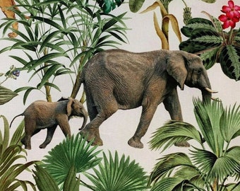 May include: A brown elephant and a smaller brown elephant calf walk through a jungle scene with lush green leaves and pink flowers.