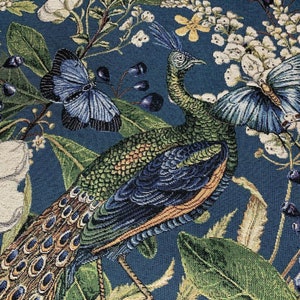 Teal Peacock Woven Fabric Sold by Metre Floral Pettern Butterfly Birds Botanical