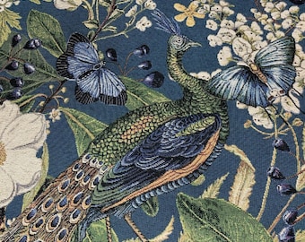 Teal Peacock Butterfly Flowers Botanical Green Luxury Woven Fabric Sold by Meter Beige Blue Green