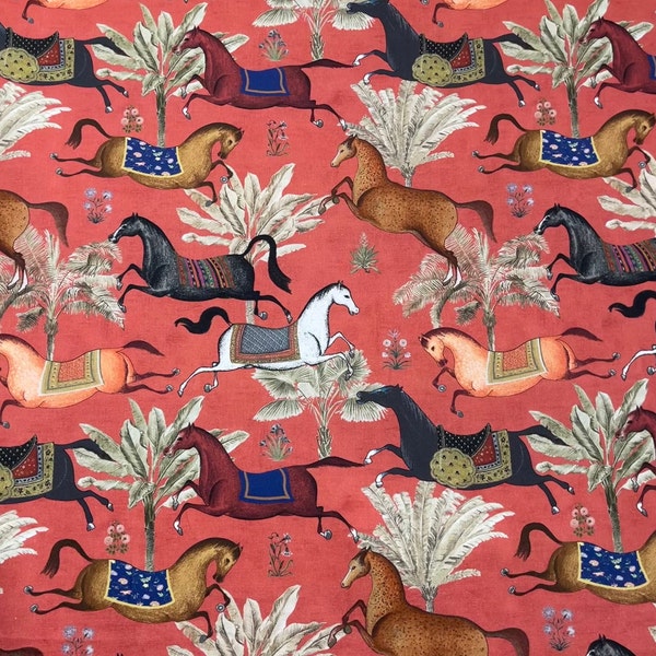 Arabian Horses Printed Cotton Rusty Red Fabric Palm Tree Animal Stallion