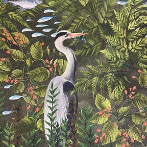 Herons Birds Tropical Exotic Botanical Green Dark Grey Cotton Printed Fabric for Curtains Home Decor