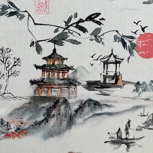 Japanese Sunrise: Village, Pagoda, Fisherman's Boats, and Bonsai Tree Velvet Printed Fabric