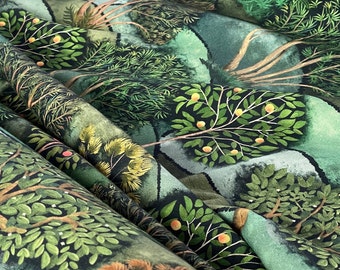 Hills Apple Trees Forest Art Craft Printed Cotton Fabric Home Decor Sold by Metre Green Vintage