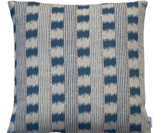 Indigo Ikat Stripe Cushion Cover: Cotton-Linen Blend Coastal Throw Pillow