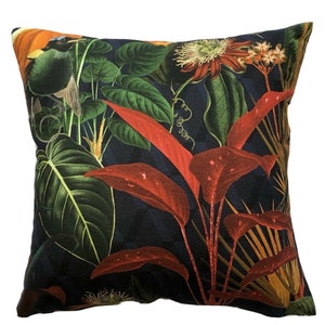 Deep Jungle Cotton Cushion Cover Orange Anthurium Tailflower Green Bird Botanical flower Lace leaf Plants Branches Tropical Navy Blue Red