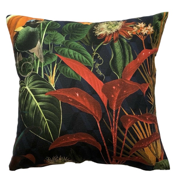 Funda de cojín de algodón Deep Jungle Anthurium naranja Flor de cola Pájaro verde Flor botánica Hoja de encaje Plantas Ramas Tropical Azul marino Rojo