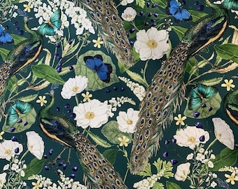 Peacock Floral Cotton Fabric: Teal Botanical Print Sewing Material