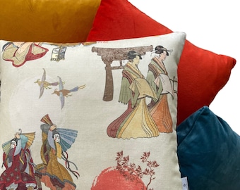 Samurai Cushion Cover Japanese Ladys Geisha Kabuki Pillowcase Tree Bird Toile