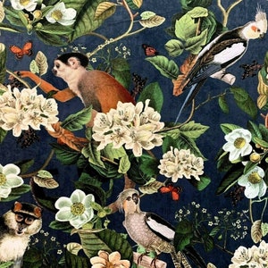 Affen Vögel Blumen Samt Stoff Blau Gedruckt Dschungel Tiere Nähen Tropical Polster Textil