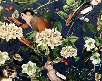 Monkeys Birds Floral Velvet Fabric Blue Printed Jungle Animals Sewing Tropical Upholstery Textile