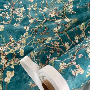 Teal Blue Velvet Fabric – Van Gogh Almond Blossom Botanical Design for Home Decor
