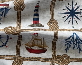 Nautical Fabric Coastal Cotton Material Lighthouse Sailing Boats Maritime Decor