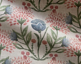 Floral Cotton Linen Fabric – Willow Bloom Meadow Print Damson Sap Green Red Indigo