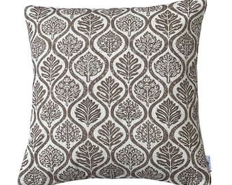 Taupe Ogee Cushion Cover, Botanical Linen Look Pillow, Neutral Leaf Throw, Farmhouse Decor