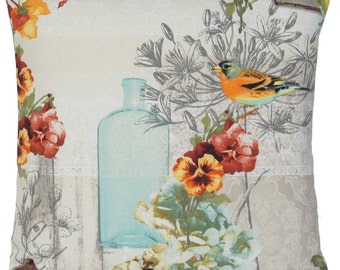 Funda de cojín vintage de tela de algodón estampada con pájaros, violetas y vidrio, cuadrada de 40 cm