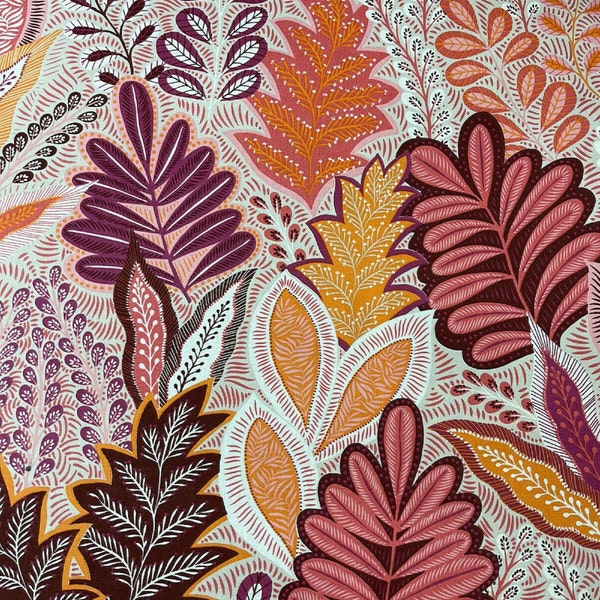 Pink Botanical Garden Forest Art Craft Printed Cotton Fabric Sold by metre Maroon Beige Orange Autumn Fall Leaf Designers