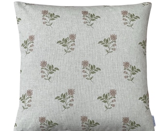 Floral Cushion Cover Pink Botanical Linen Look Cottage Garden Pillow Country Style Throw