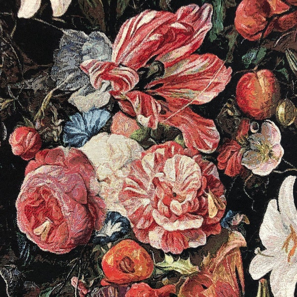 Roses roses White Lily's Floral Woven Fabric Vendu par Metar Matériel de couture botanique Fleurs Tapisserie d'ameublement Textile noir
