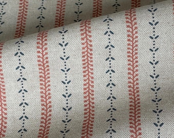 Indigo & Red Botanical Stripe Fabric – Linen Look Cotton Blend