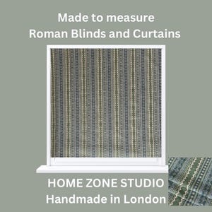 Custom Roman blind in sage green ethnic stripe fabric – made to measure by HOME ZONE STUDIO, perfect for rustic, handmade interiors.
