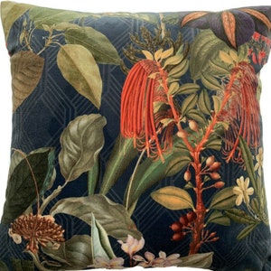 Blue Italian Velvet Cushion Cover Colibri Toucan Monkey Floral Botanical Pink Red navy Printed