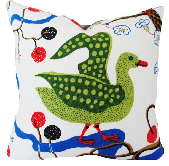 Multicoloured Birds With Cages Light Canvas fabric by the metre