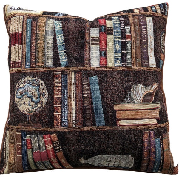 Housse de coussin vintage Livres Coquillages Globe Nautique Tissu tissé Bibliothèques Bateau Marine 16", 18", 20"