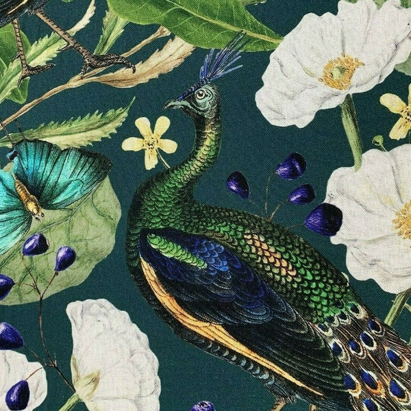 Teal Peacock and Botanical Print Cotton Fabric by the Meter - Birds, Butterflies, and Floral Pattern