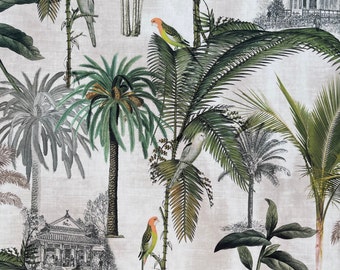 Tissu velours d'inspiration vintage avec des pagodes et des perroquets : arbre de verdure tropical au mètre