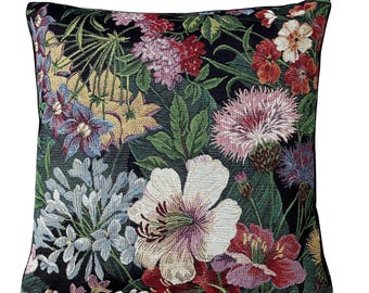 Midnight Garden Cushion Cover, Vintage Botanical Tapestry