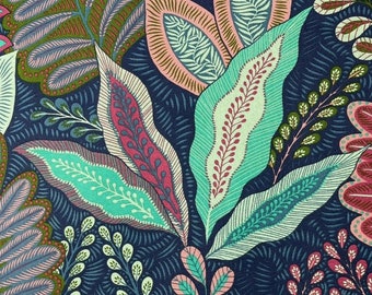Botanical Garden Blue Fabric Forest Plants Leaves Printed Cotton Sold by Metre