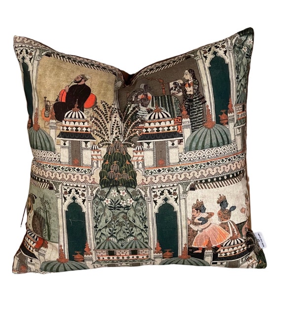 Raj Mahal Organic Cotton Cushion Cover: Indian Gods & Pagodas
