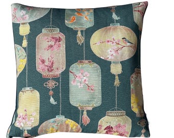 Teal Asian Lantern Cushion Cover, Koi Fish & Cherry Blossom Pillow
