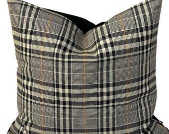 Handmade Windsor Plaid Cushion Cover – Black & Cream Check, Velvet Back