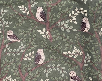 Woodland Owl Grove Fabric Green Forest Cotton Blend Curtains Upholstery Cushion Decor