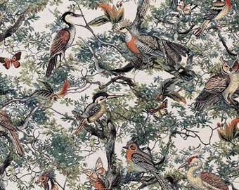 Woodland Tapestry Fabric – Bird & Forest Jacquard, Upholstery Textile