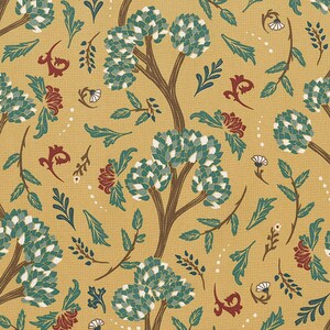 May include: A repeating pattern featuring stylized trees with teal and white foliage, brown trunks, and teal leaves, set against a mustard yellow background. The design includes burgundy floral accents and small white flower details.