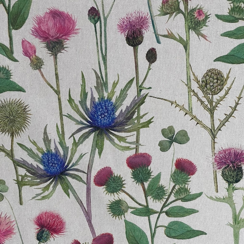 Scottish thistle floral print fabric in pink and blue on natural linen look background – perfect for country cottage curtains and soft furnishings