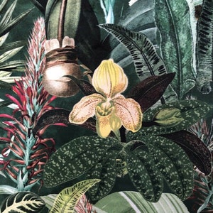 Greenhouse Orchid Flowers Greenery Leaves Jungle Trees printed Italian Velvet home upholstery fabric