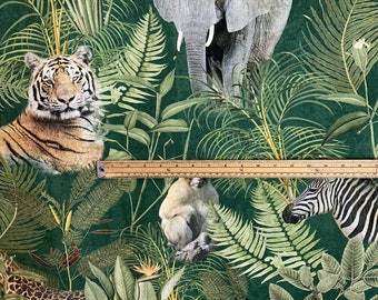 May include: A green fabric with a jungle print featuring a tiger, zebra, monkey, two elephants, and a leopard. The fabric has a repeating pattern of lush green leaves and plants.