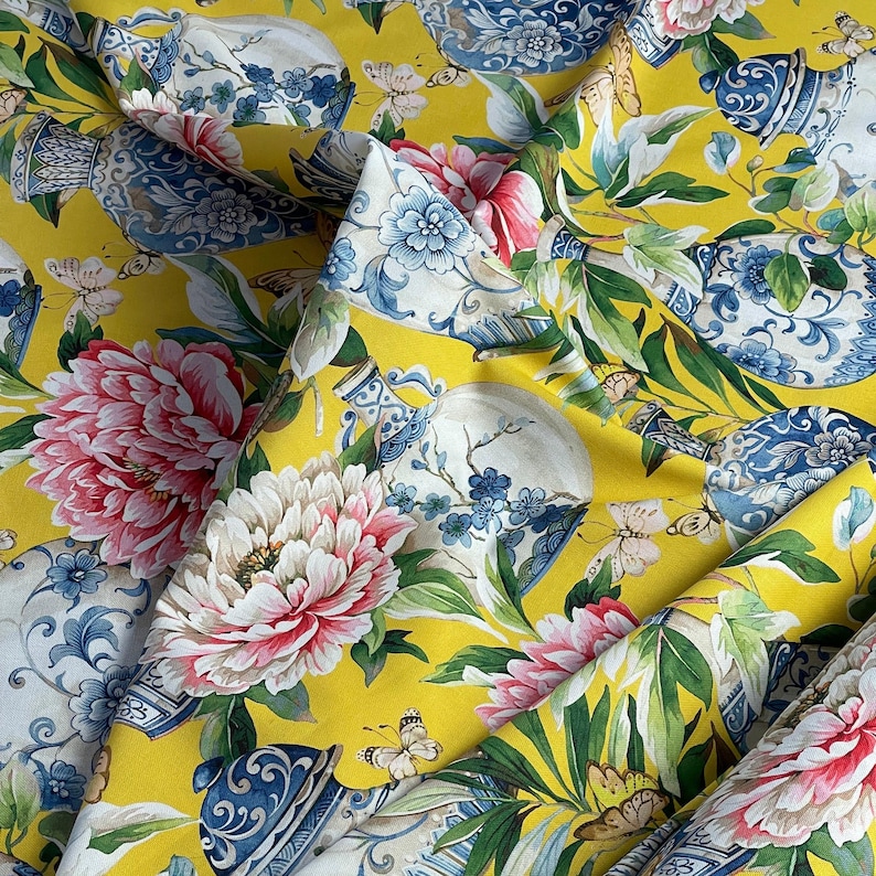 Chinoiserie Cotton Fabric: Yellow Peony Floral Print for Upholstery ...