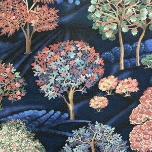 Mountain Trees Forest Art Craft Printed Cotton Fabric Sold by metre Blue Red Orange Vintage